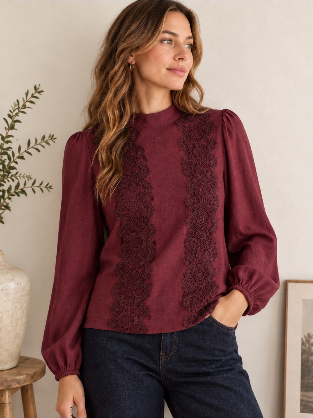 ON TWELTH Burgundy Lace Blouse Mock Neck Puff Sleeve Top M NWOT